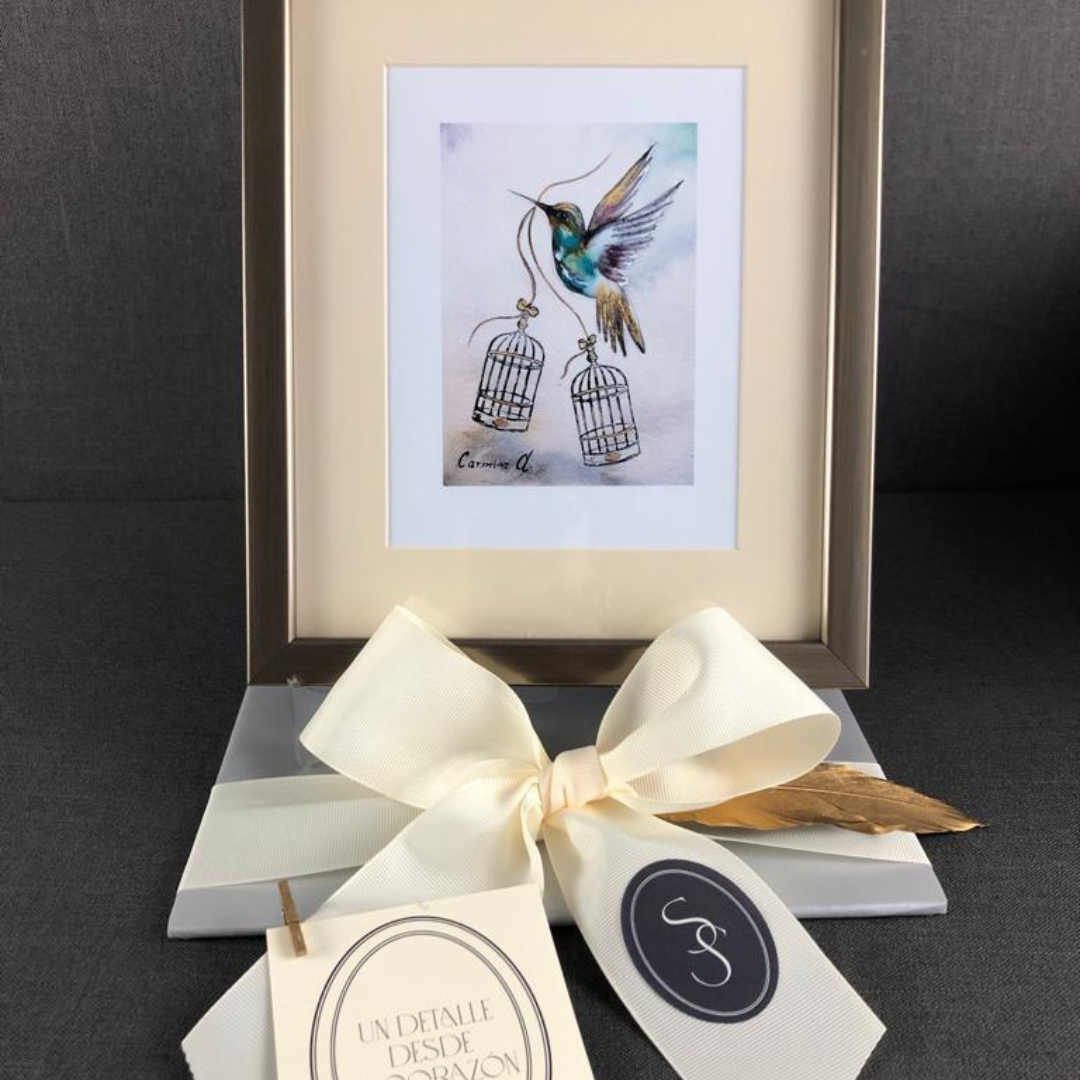 PINTURA ENMARCADA DE COLIBRÍ CON JAULAS Y MENSAJES - Imagen 4