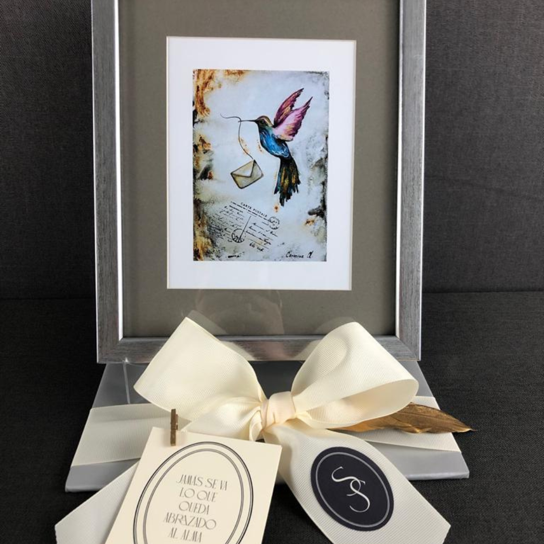 PINTURA ENMARCADA DE COLIBRÍ CON JAULAS Y MENSAJES - Imagen 3